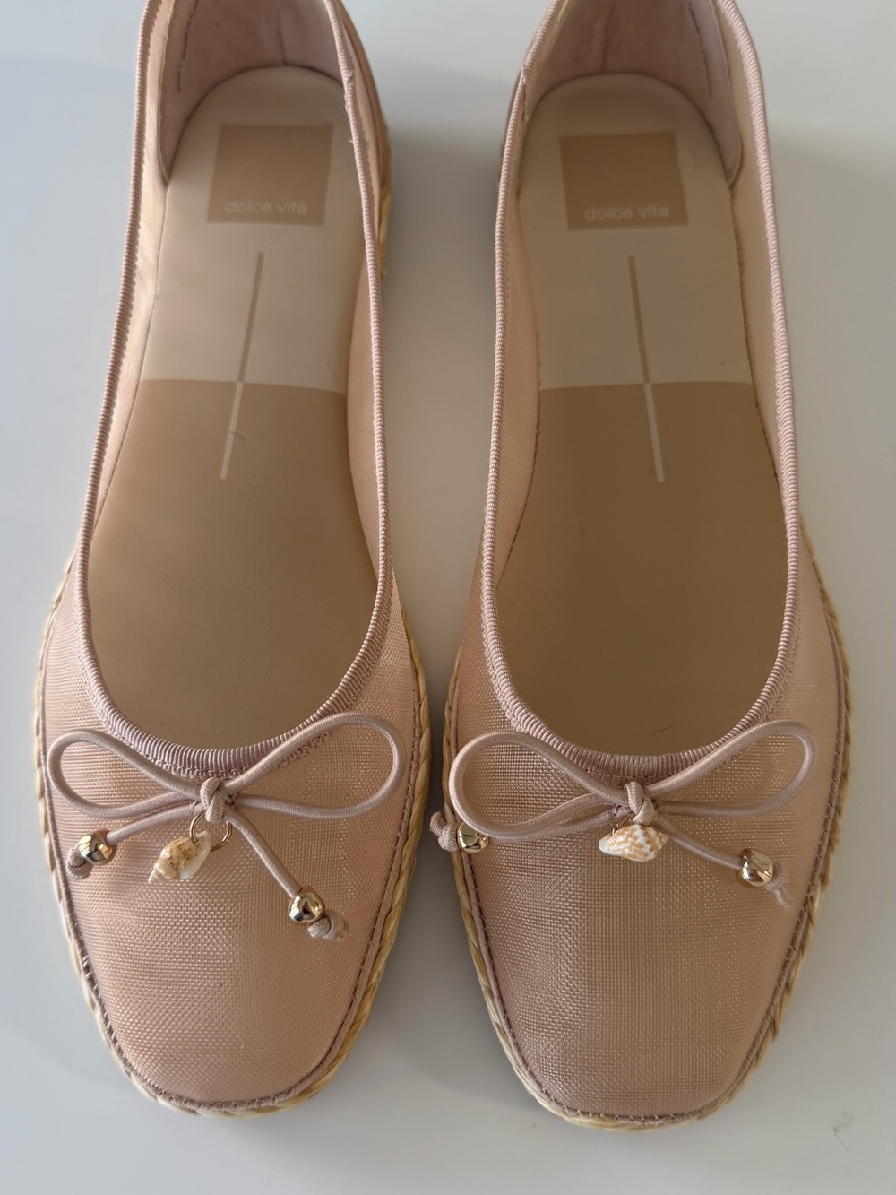 Dolce Vita Blush Pink Espadrille-Style Ballet Flats with Bow & Shell Charm